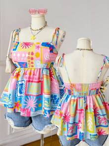 SHEIN EZwear 大码女式印花褶皱休闲百搭日常吊带背心 - 彩色 - 查看 2