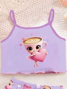 Bộ đồ ngủ bé gái kiểu dáng tối giản, ôm sát, gồm áo hai dây và quần short hoạt hình, họa tiết trái tim màu tím kem, nơ và hoa, thích hợp cho mùa hè ở nhà, bộ áo hai dây và quần short, thoải mái dễ chịu, phong cách thư giãn, giản dị, nữ tính. - Nhiều màu - Xem 3