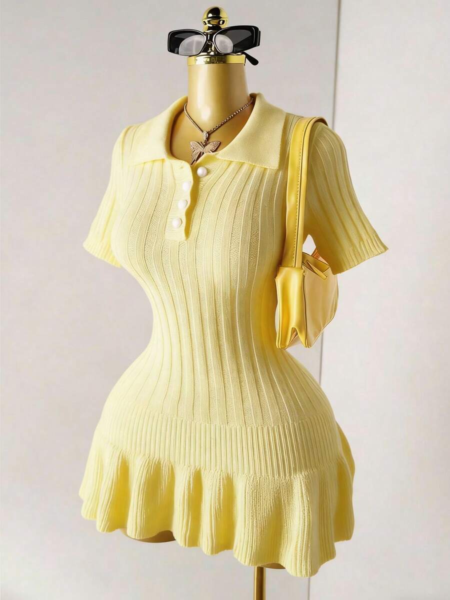 Mistrie Women's Knit Pearl Button Ribbed Pale Yellow Mini Dress,Short Sleeve Bodycon Pleated Summer Sweater Dress Cute School Back-To-School Polo Outfit - Light Yellow - View 1