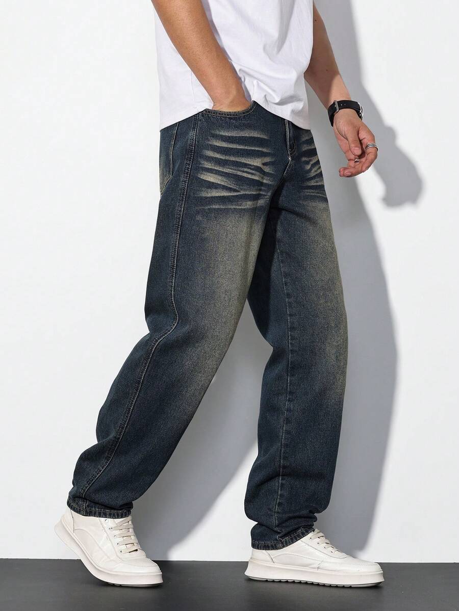 Chillumni Men's Vintage Washed Straight Leg Casual Jeans - Medium Wash - View 1