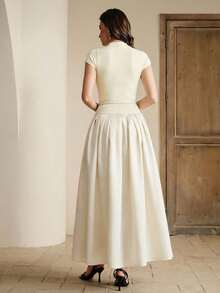 Anewsta New Elegant Round Neck Cap Sleeve Knit Patchwork A-Line Dress With Waist Belt For Women - Apricot - View 2