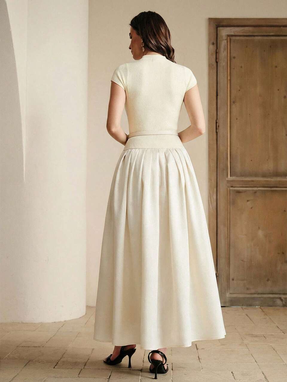 Anewsta New Elegant Round Neck Cap Sleeve Knit Patchwork A-Line Dress With Waist Belt For Women