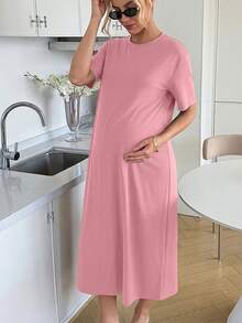 Slowluna Pregnant Women Solid Color Round Neck Short Sleeve Casual Dress - Pink - View 7