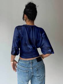 Aloruh 女士纯色圆领蝙蝠袖褶皱设计短款时尚上衣 - 藍色 - 查看 2