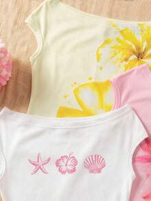 SHEIN 3pcs/Set Girls Vacation Tight Off-Shoulder Multicolor T-Shirts - White - View 6