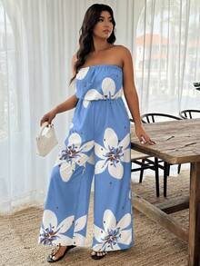 EMERY ROSE Bộ áo liền quần ống rộng cổ yếm in hoa dành cho nữ cỡ lớn - Nhiều màu - Xem 4