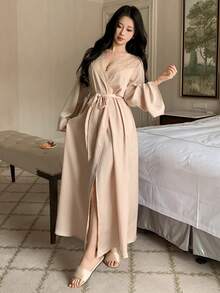 DAZY 蕾丝拼接缎面长袖开衫，女士春季睡衣 - 淺粉色 - 查看 10