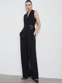 Nuevo conjunto elegante y de moda para mujer con chaleco con cinturón y hebilla asimétrica, y pantalones rectos - Negro - Ver 6