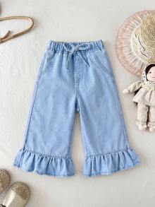LMoss Kids 女婴浅蓝色牛仔荷叶边宽松裤 - 淺色水洗藍 - 查看 4