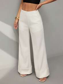 SHEIN PETITE Quần ống rộng thanh lịch dành cho nữ, kiểu dáng thời trang và thoải mái, phù hợp cho dịp Giáng sinh, Lễ Tạ ơn và trang phục công sở mùa xuân/hè. - trắng - Xem 4