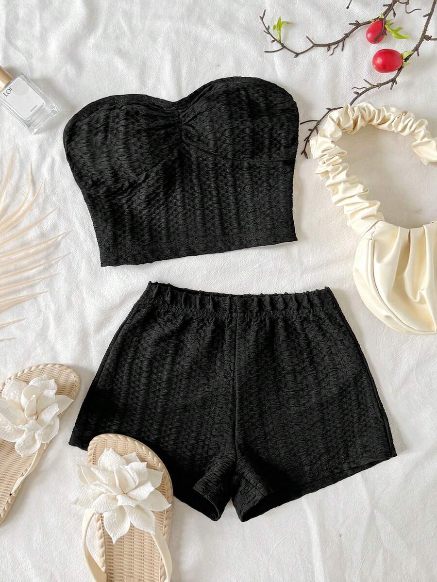 SHEIN Tween女孩休閒極簡舒適條紋紋理抓皺抹胸上衣與短褲套裝童裝 - 黑色 - 查看 1