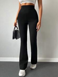 SHEIN Plus Size Women Casual Black Solid Color High Waist Flare Leg Pants - Black - View 3