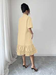 Selianne Women's Summer Loose Artistic Design Frill Trim Patchwork Dress Tea Party Orange Casual - Apricot - View 2