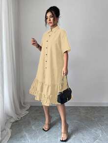 Selianne Women's Summer Loose Artistic Design Frill Trim Patchwork Dress Tea Party Orange Casual - Apricot - View 3