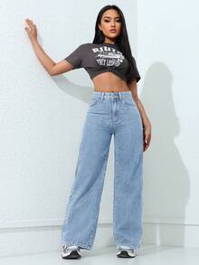 SHEIN ICON 休闲水洗直筒牛仔裤 - 淺色水洗藍 - 查看 6