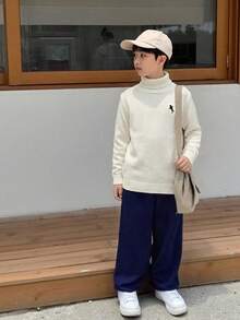 SHEIN Áo len cổ cao tay dài dáng rộng cho bé trai tuổi teen, thích hợp cho mùa thu và mùa đông, màu trắng, tay dài. - Màu be - Xem 3