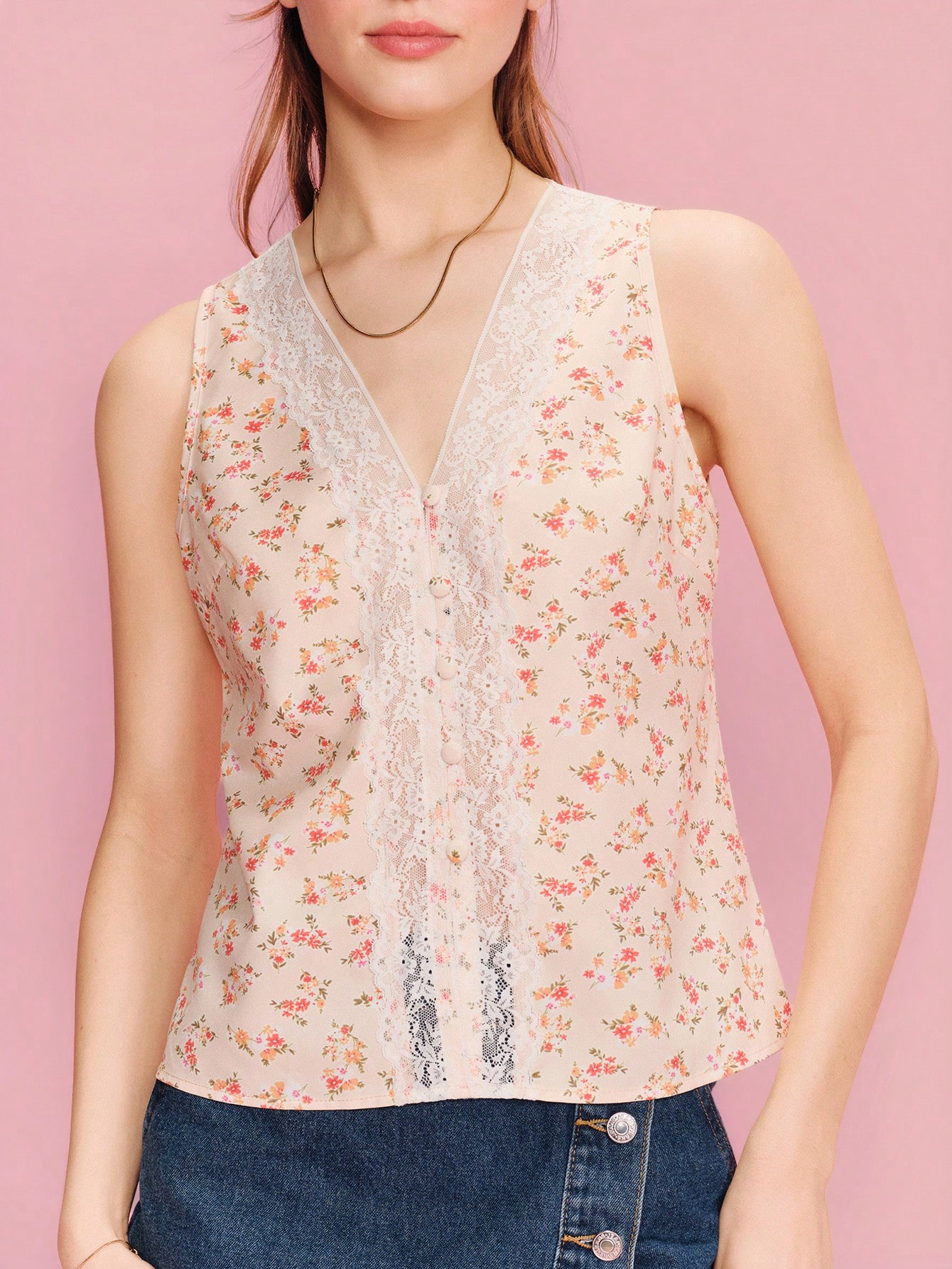 Ecru Floral-Print Top With White Lace Detailing Cute Chic Style