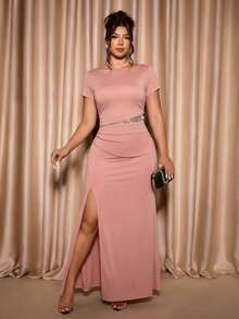 Allurite Vestido corto de manga corta con abertura en el bajo, con adornos de cuentas y cristales, elegante y apropiado para uso diario y fiestas, tallas grandes para mujeres - Rosa vieja - Ver 7
