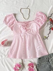 SHEIN Teen Girls' Casual Comfortable Jacquard Knit Pullover Shirt, Pink - Pink - View 4