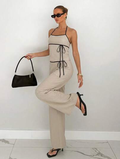 Siren Gaze Summer New Women's Contrast Color Spaghetti Strap Top And Thick Waist Tie Waist Pants 2 Piece Set, Casual Vacation Outfit , Beach Outfits, Summer Casual Wear