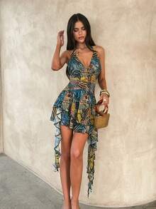 Opulessa Spring & Summer Vacation Knitted Mesh Printed Ruffle Trim Halter Neck Mini Dress For Women - Multicolor - View 4