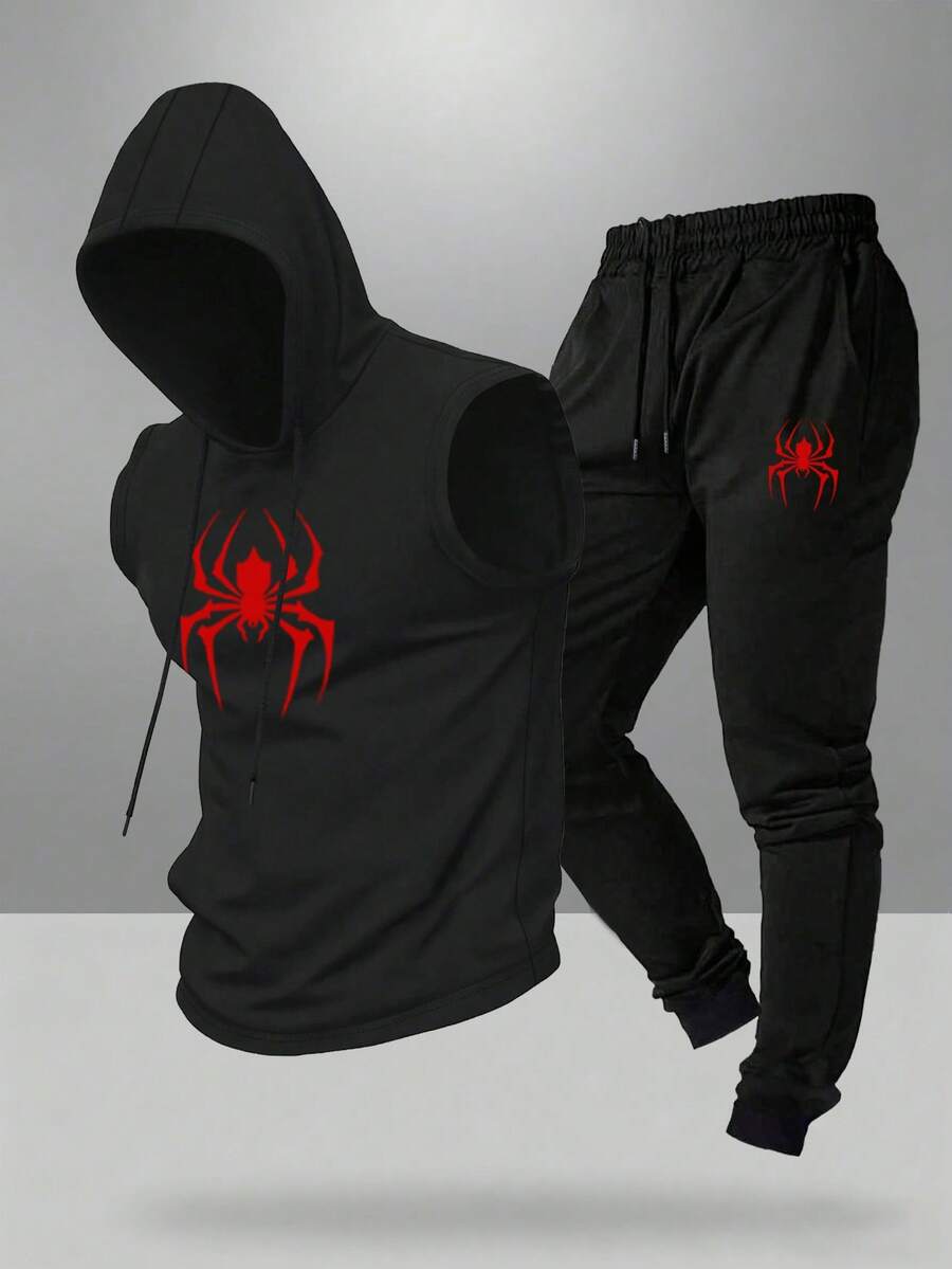 Manfinity Sport Corelite Bộ đồ thể thao nam in hình nhện, gồm áo hoodie và quần, có dây rút. - màu đen - Xem 1