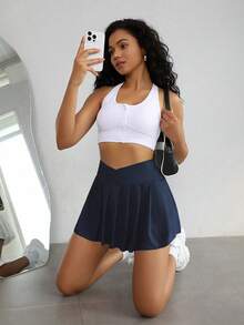 SHEIN Sovereign Charm Women's Solid Color Pocket Casual Versatile Daily Wear & Sports Skort - Navy Blue - View 4