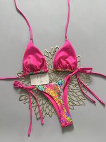 Swim Mod 女士夏季沙滩印花露背系带性感比基尼和三角泳裤套装 - 彩色 - 查看 2