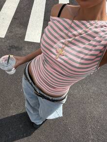 Muchica 粉色条纹针织单肩女式上衣 - 粉色 - 查看 3