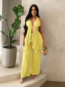 SHEIN SXY 沙滩度假纯色纹理露背吊带背心和裤子套装 - 黃色 - 查看 5