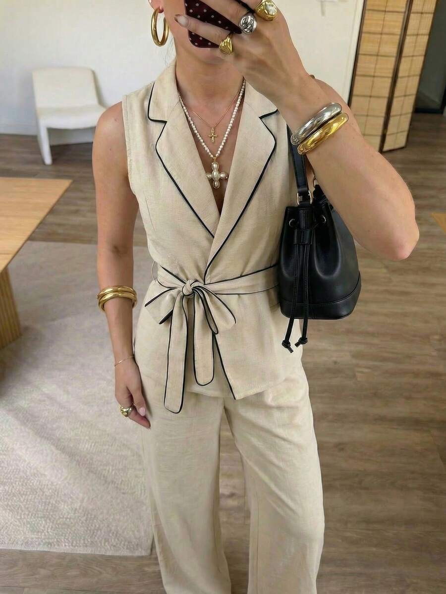 Firerie 女士优雅亚麻混纺撞色上衣和裤子套装，适合度假