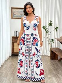 Weeklong Ensemble 2 pièces grande taille pour femmes, comprenant un débardeur à nœud papillon élégant et des pantalons droits à jambes larges imprimés, idéal pour les sorties décontractées, les vacances, les festivals de musique bohèmes, les fêtes d'été et les tenues modernes - Multicolore - Voir 4