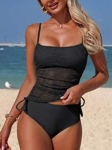Swim Lushoire Women's Hollow Out Textured Fabric Bikini Two Pieces Bikini Set Set, Casual Vacation - Black - View 3