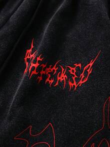 ROMWE MEN Street Life Men's Gothic Style Print Drawstring Waist Casual Shorts, Summer - Black - View 5
