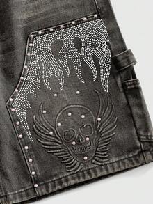ROMWE MEN Street Life Men's Skull Embossed Rhinestone Decorated Denim Shorts - Black - View 4