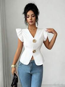 SHEIN Elenzya 女款優雅V領金屬扣飾裝飾、收腰設計與荷葉袖、精緻女士襯衫 - 白色 - 查看 3