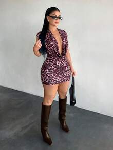 SHEIN SXY 性感豹纹优雅露背连衣裙 - 酒紅色 - 查看 5