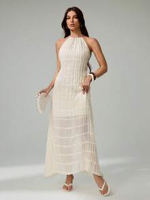 SHEIN Tall 优雅露背修身纹理雪纺长裙，女士款 - 白色 - 查看 7