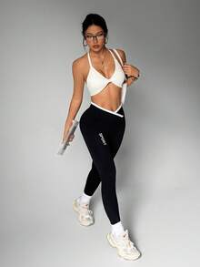 Seamluxe SHEIN Sport Quần legging thể thao yoga không đường may/Thiết kế đáy quần/Cạp cao ôm bụng/Họa tiết sọc dọc/Thời trang gợi cảm/Đa năng/Thoải mái/Tập luyện thể dục/Chạy bộ ngoài trời - màu đen - Xem 5