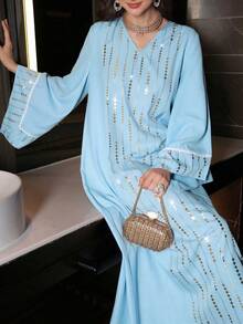 Al Najma Đầm maxi Thổ Nhĩ Kỳ dáng rộng thanh lịch xòe rộng, thích hợp mặc hàng ngày, và áo Abaya truyền thống Ả Rập. - Màu xanh nước - Xem 1