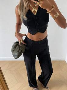 SHEIN EZwear Bộ vest và quần tây công sở màu đen dành cho nữ - màu đen - Xem 4
