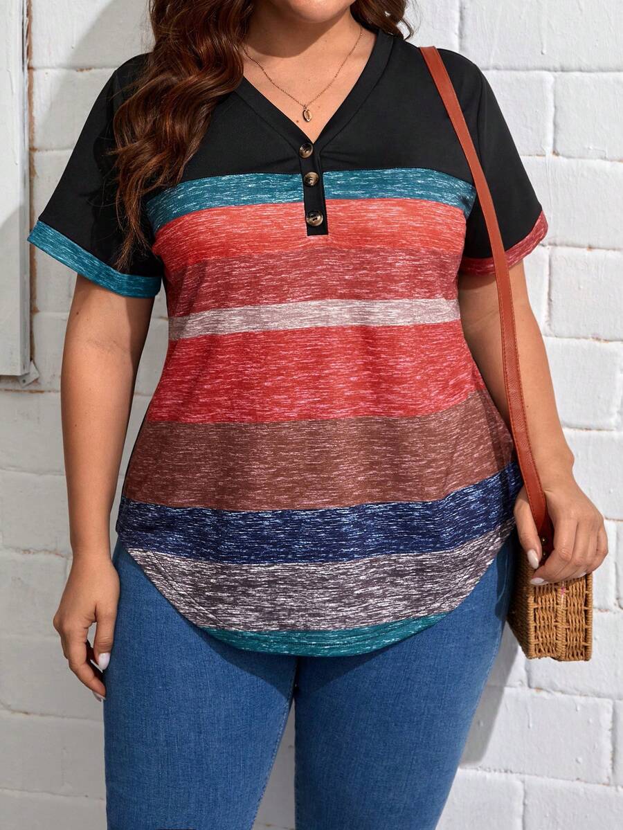 SHEIN LUNE Camiseta de color combinado bajo curvo - Multicolor - Ver 1
