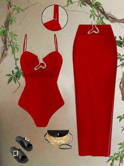 Swim Oasis 2pcs/Set Women Red Hollow Out Bandeau Strap Swimsuit & Beach Cover Up Skirt Set, 2025 New Leisure Summer Holiday Outfit
