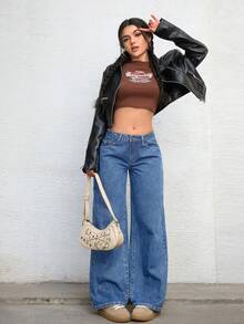 Quần jean denim nữ kiểu dáng thường ngày, có túi và cúc - Rửa trung bình - Xem 3