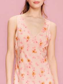 lacRébo Đầm midi không tay in hoa màu hồng cổ chữ V, phong cách Pháp mùa xuân hè, đầm đi nghỉ mát, đầm dự tiệc. - Nhiều màu - Xem 6