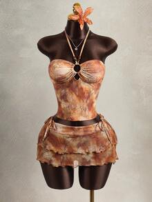 Zestiva 女士三件套泳装，扎染印花，串珠挂脖式领口，收腰设计，搭配多层吊带裙，夏季款 - 橘色 - 查看 6