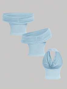 SHEIN MOD 2件套三穿女式休闲纯色修身上衣，C - 淺藍色 - 查看 6