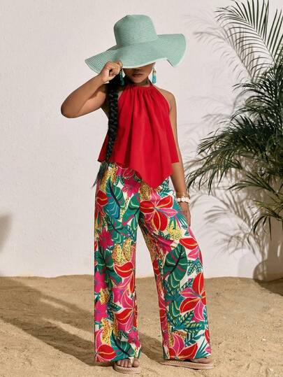 SHEIN Bộ đồ thể thao thường ngày cho bé gái tuổi teen, gồm áo hai dây màu trơn và quần ống rộng, thích hợp cho kỳ nghỉ.