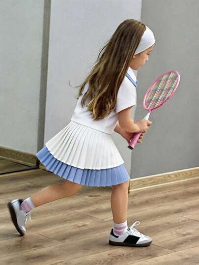 DAZY Conjunto deportivo de blusa de manga corta con cuello polo y falda para niñas y adolescentes