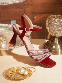 CUCCOO TILAWA Sandali eleganti con tacco alto, punta quadrata, decorazione con strass, in materiale PU con motivo in pietra di mogano, scarpe primaverili adatte per primavera, vacanze pasquali, cene, Natale, San Valentino - Colore mogano - Visualizzare 3